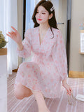 2024 Spring Pink Floral Chiffon Mini Dress Elegant Bodycon Party