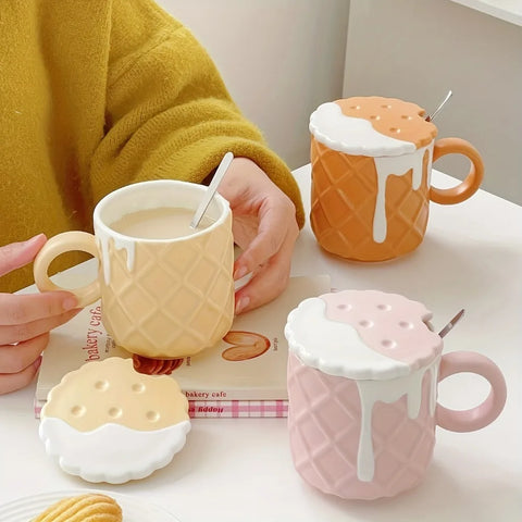 Biscuit Pattern Coffee Mug With Lid And Spoon Kawaii Water Cup Summer Winter