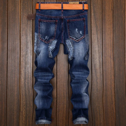 High Quality Ripped Motorcycle Jeans Men Plus Size Straight Denim