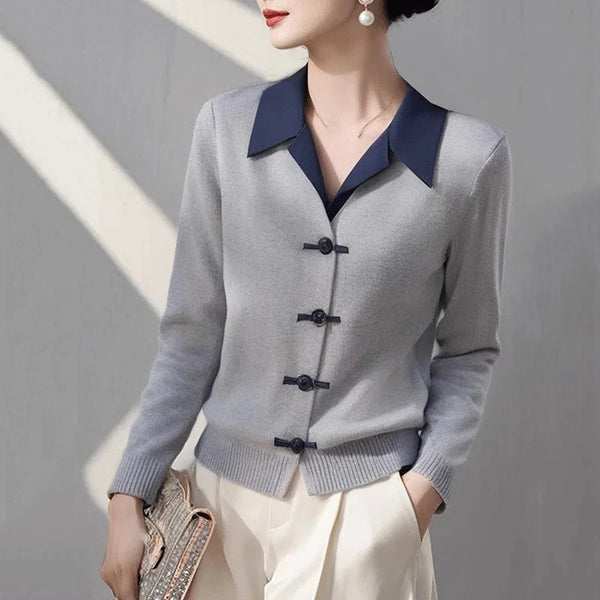 Womens Collared Cardigan Sweater Jacket Colorblock Knit Fall Coat