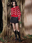 Red Vintage Love Argyle Jacquard Diamonds Knitted Cardigan Sweater Women Autumn