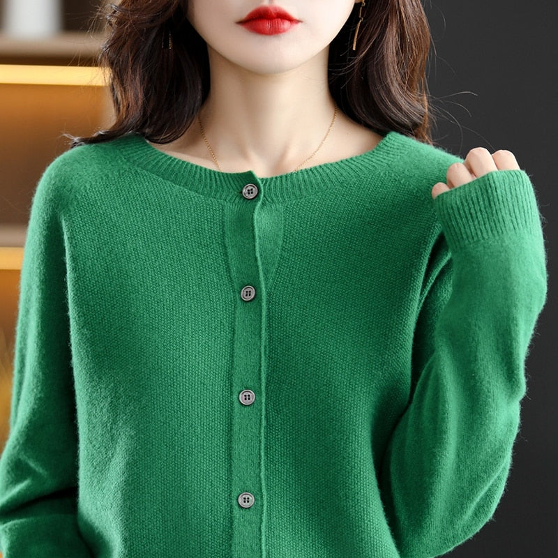 Autumn Cardigan Wool Natural Fiber Round Neck Raglan Sleeves Fashion Sweater Seamless One Line - xinnzy