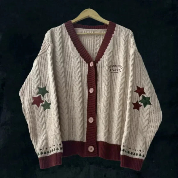 Women’s Christmas Tree Knitted Cardigan – Star Embroidery Holiday Sweater