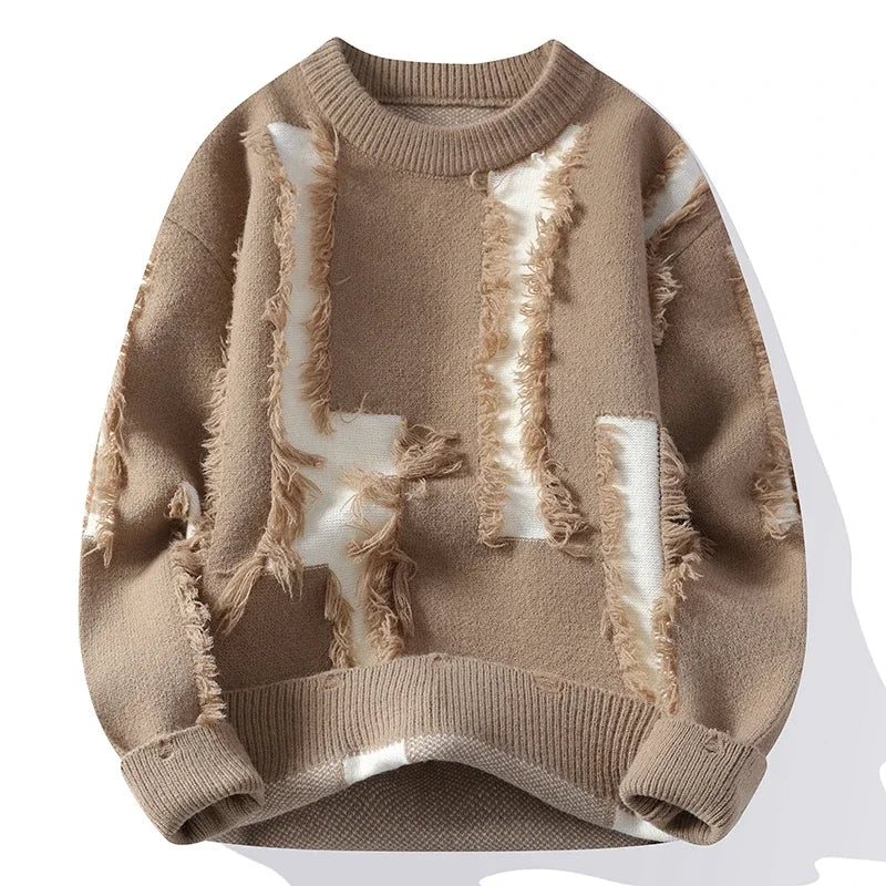 Men's Ripped Loose Knit Sweater Crew Neck Autumn Pullover