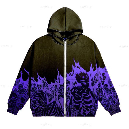 Retro Skeleton Zipper Hoodie Men's Street Wear Style with Y2K Print