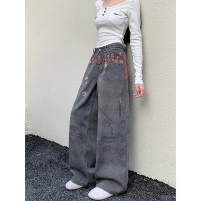 Women's Y2K Wide Leg Applique Denim Jeans