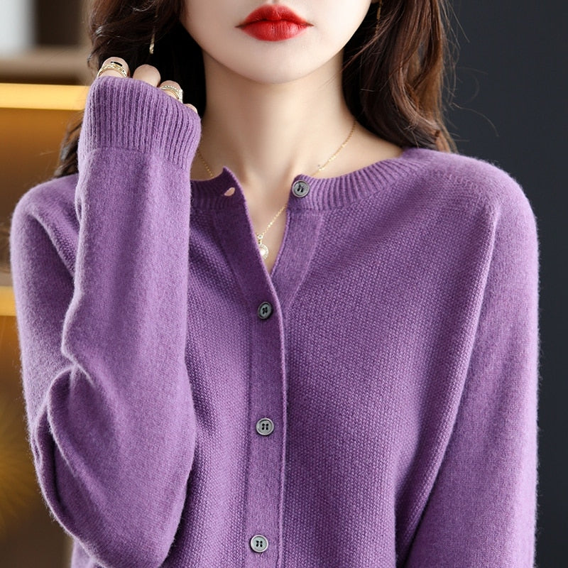 Autumn Cardigan Wool Natural Fiber Round Neck Raglan Sleeves Fashion Sweater Seamless One Line - xinnzy