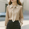 Bow Tie Blouse Women Long Sleeve Office Contrast Trim Work Shirt