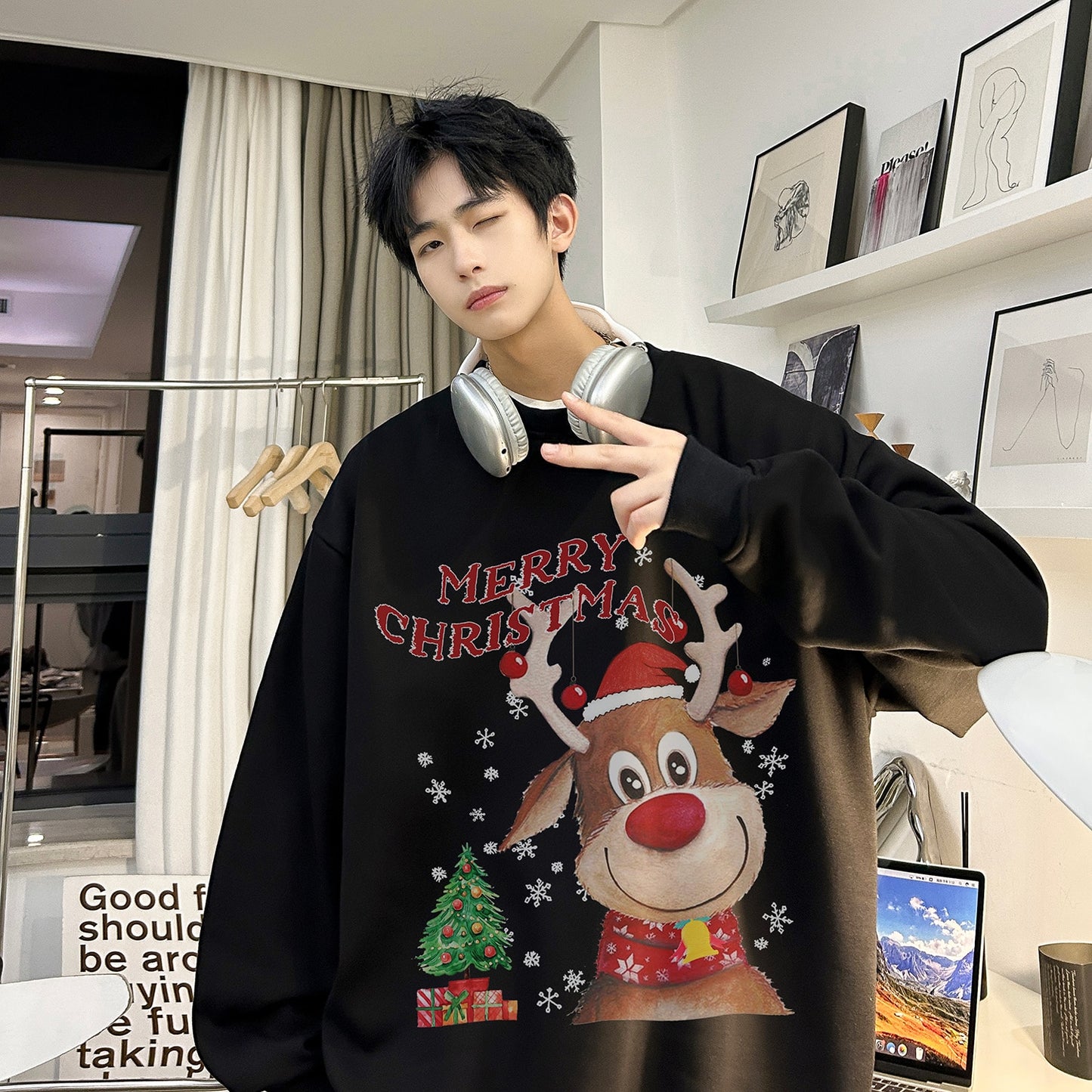 Men Sweater Tees Christmas American Fashion Printed Plush Thick Lovers Coat Loose Casual