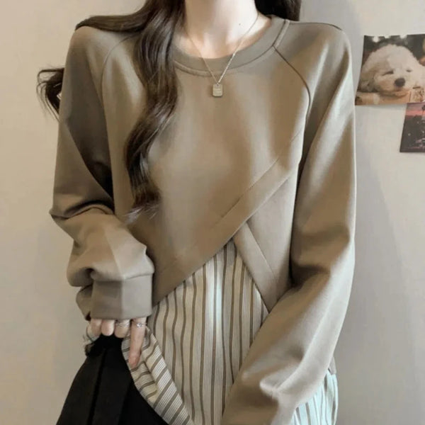 Plus Size Layered Look Striped Top Women Loose Slimming Blouse