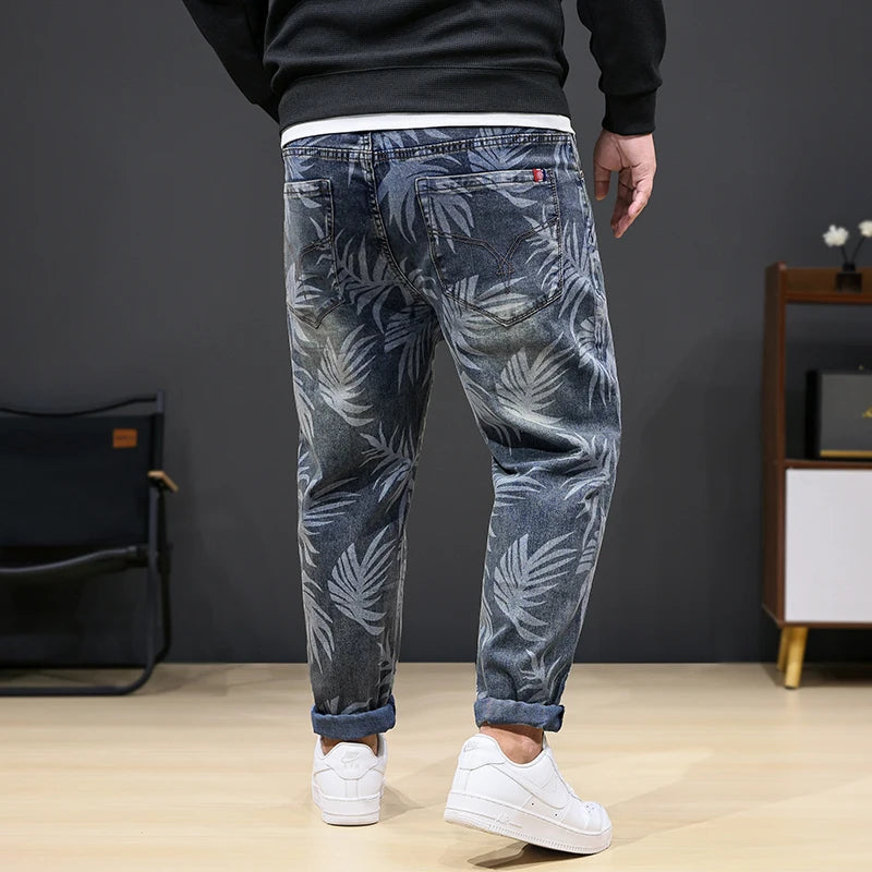 8XL Men’s Plus Size Denim Jeans with Leaf Print Stretch Loose Fit