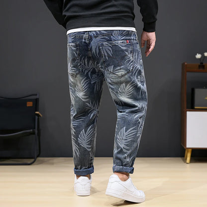 8XL Men’s Plus Size Denim Jeans with Leaf Print Stretch Loose Fit