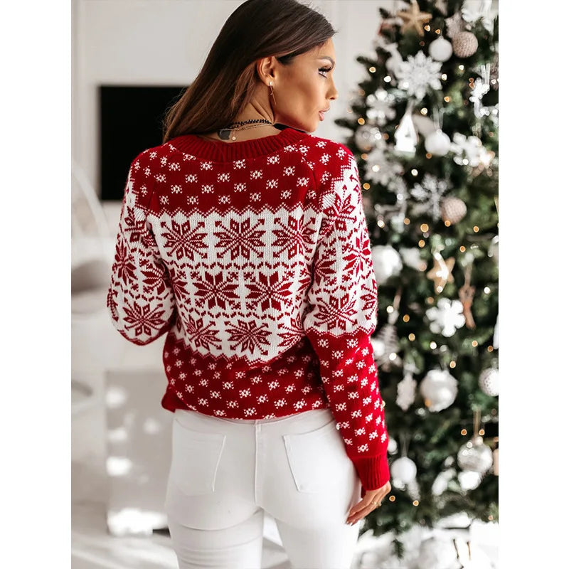 Women’s Christmas Snowflake Knitted Sweater – Long Sleeve O-Neck Winter Pullover