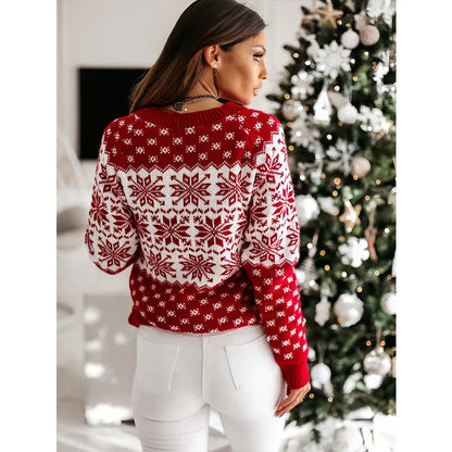 Women’s Christmas Snowflake Knitted Sweater – Long Sleeve O-Neck Winter Pullover