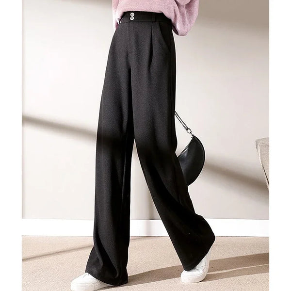 Womens Wool Pants High Waist Straight Leg Thickened Winter Trousers