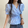 V Neck Lace Up Blouse Women Korean Slim Fit Office Summer Top