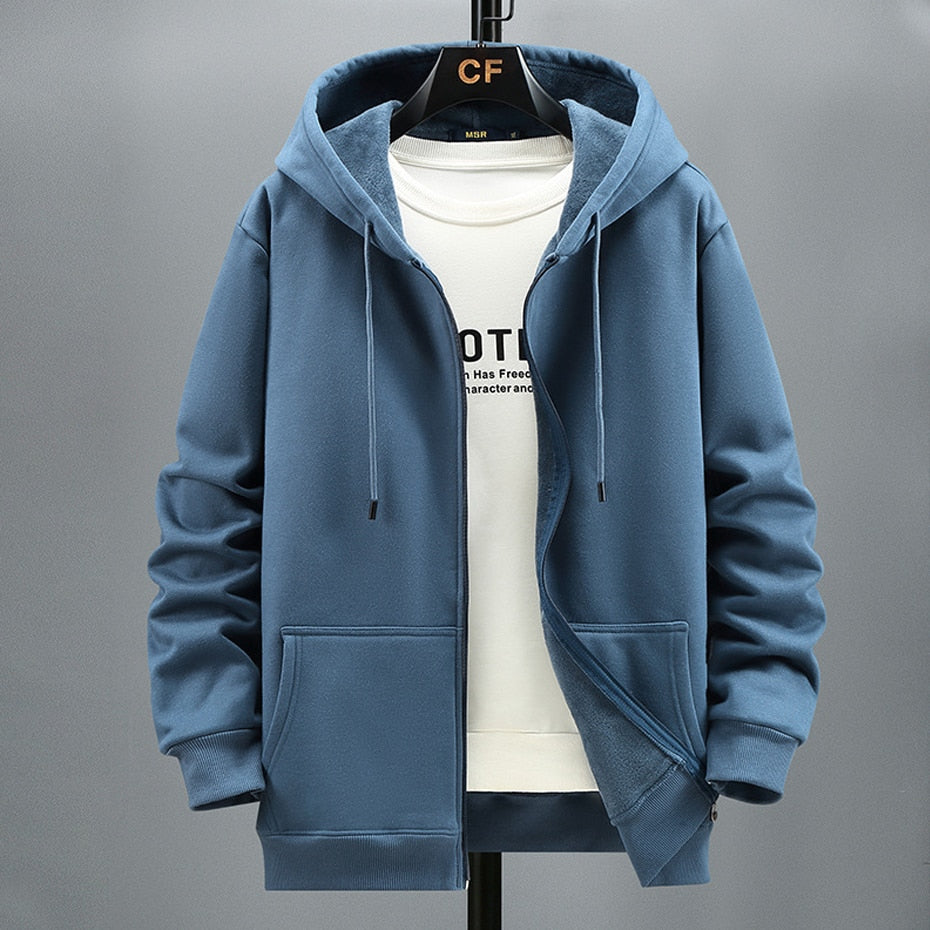 Hoodie Men Autumn Winter Fleece Hoodies Solid Color Jacket Hoodies - xinnzy