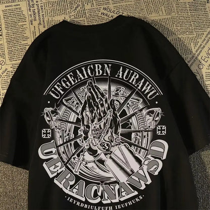 Praying Hands Motorcycle Men T-Shirt Biker Graphic Retro Streetwear