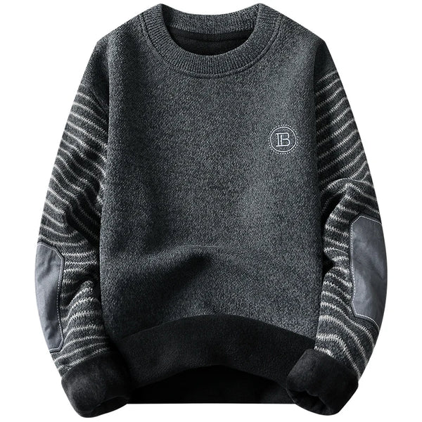 Mens Patchwork Crew Neck Sweater Fleece Lined Thick Warm Winter