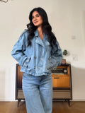 Women Denim Jacket Light Blue Turndown Collar Female Coat 2025