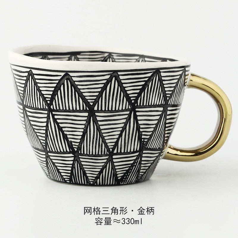 Mug Wide mouth with Gold Handle Hand Painted Geometric
