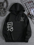 Warm Fleece Hoodie With Cute Bear Print For Casual And Harajuku Style