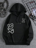 Warm Fleece Hoodie With Cute Bear Print For Casual And Harajuku Style