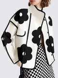 Women's Black Flower Print High Neck Jacket