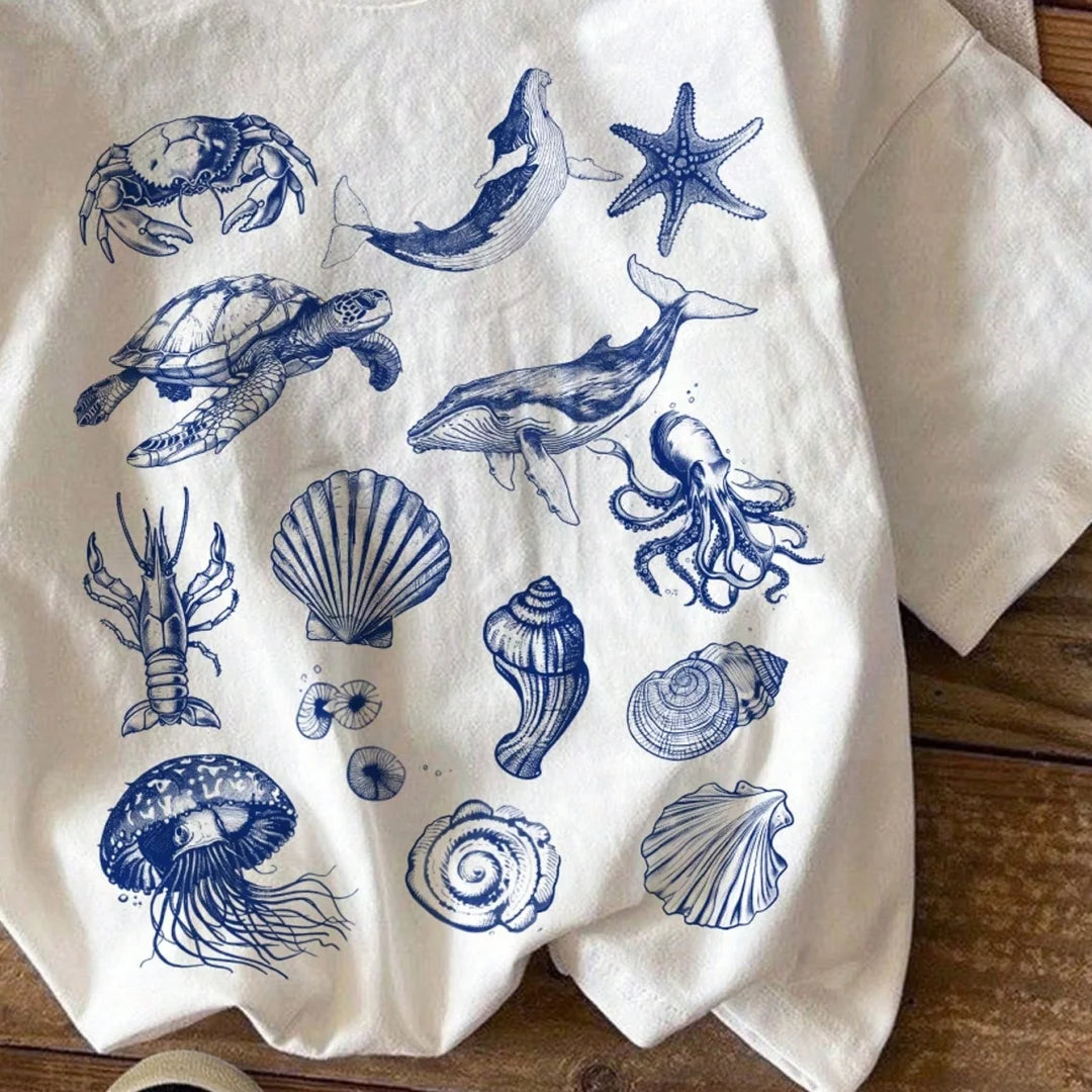Casual simple cartoon marine life print T-shirt versatile short-sleeved