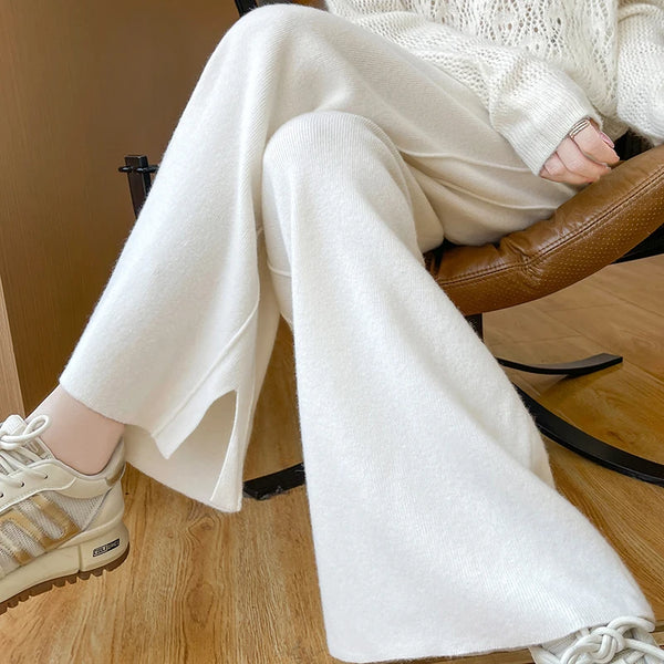 Womens Merino Wool Knit Pants Elastic Waist Wide Leg Winter Warm