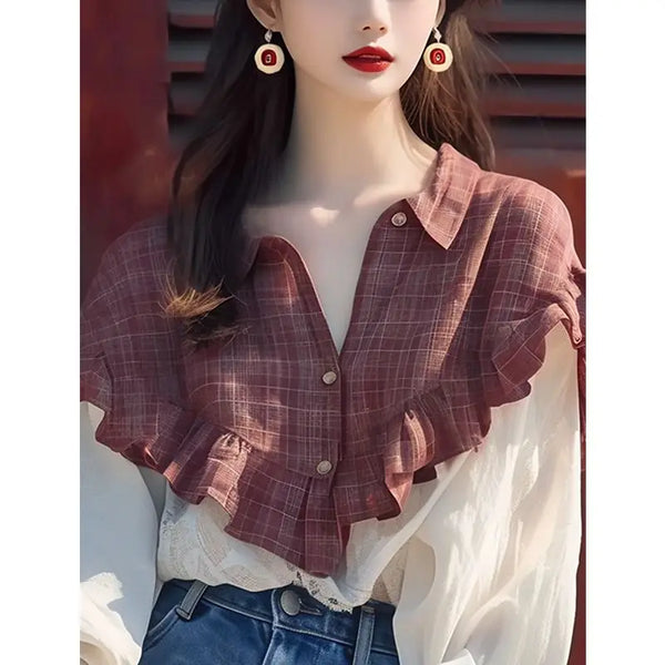 Autumn Winter New Top for Women Lapel Long-sleeved Button