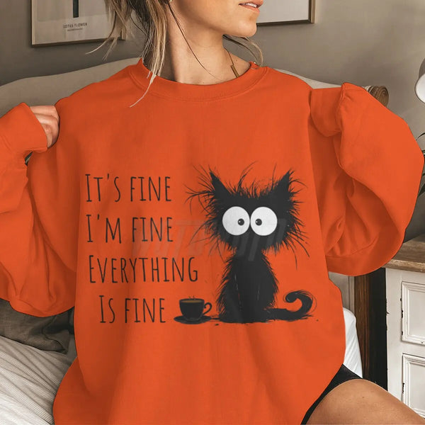 Funny Black Cat Hoodie ‘It’s Fine I’m Fine’ Kawaii Sweatshirt for Women