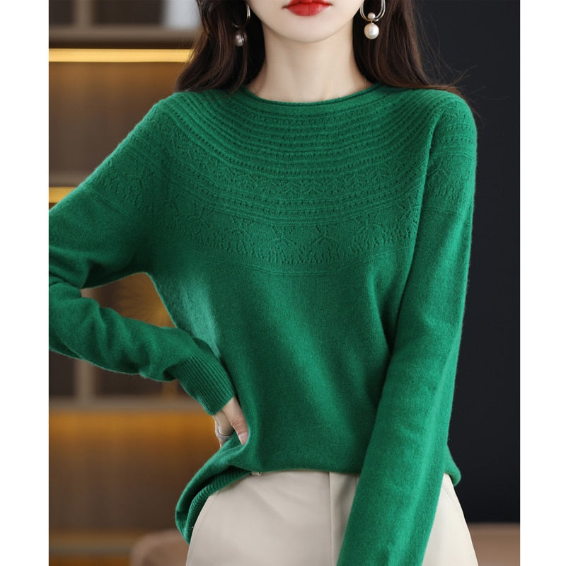 Autumn Winter New Seamless One-Line Pullover WooL Round S Neck UpperBody Hollow - xinnzy