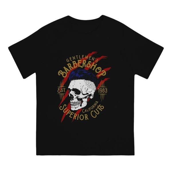 1983 Herren T-Shirt Gentlemen Barbershop Totenkopf O-Ausschnitt Tops Stoff T-Shirt 