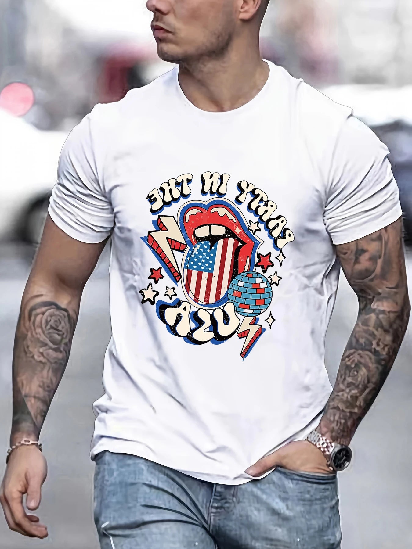 Ball Mouth Lightning Print Hip Hop T-Shirt Men Casual Cotton Summer Top