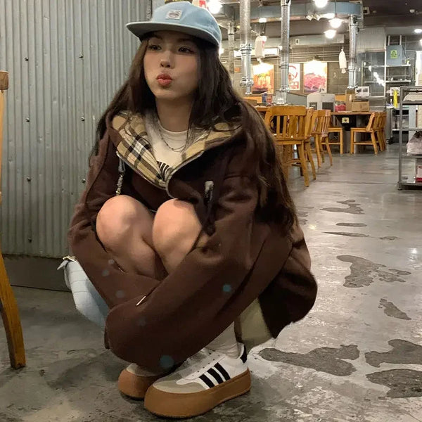 Oversized Brown Zip Up Hoodie Women Lattice Stitching Fall Jacket