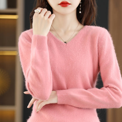 Sweater woman V-Neck Knitted Pullover Mink Cashmere Jumper Female  Soft Super Warm Sweater - xinnzy