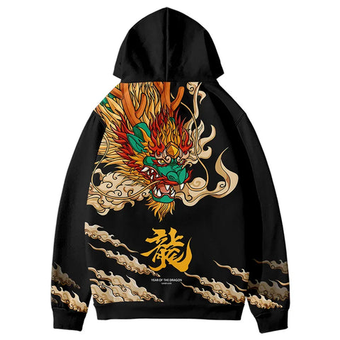 Männer Streetwear Harajuku Pullover Anime Flamme Drachen Gedruckt Hoodie Tasche Fleece