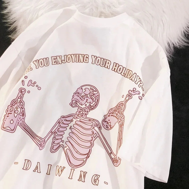 Vintage Skeleton Print Harajuku Women Y2K Funny Oversized Tee