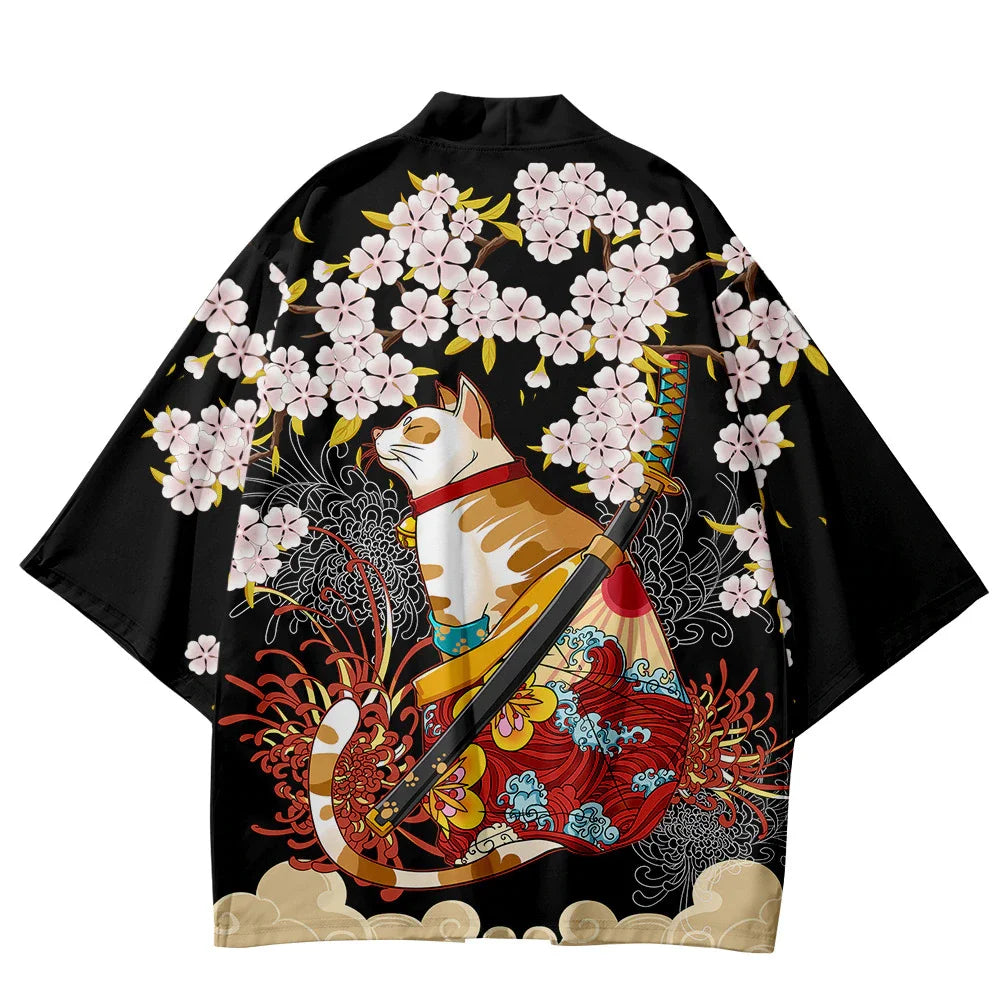 Japanese Kimono Yukata Samurai Man Cat Print Shirt Clothing Harajuku
