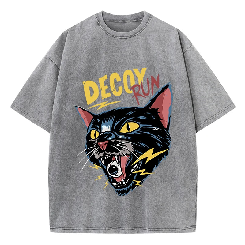 Vintage Horror Cat Print T-Shirt Men Washed Loose Summer Streetwear