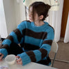 Womens Striped Knit Sweater Oversized O Neck Pullover Casual Top