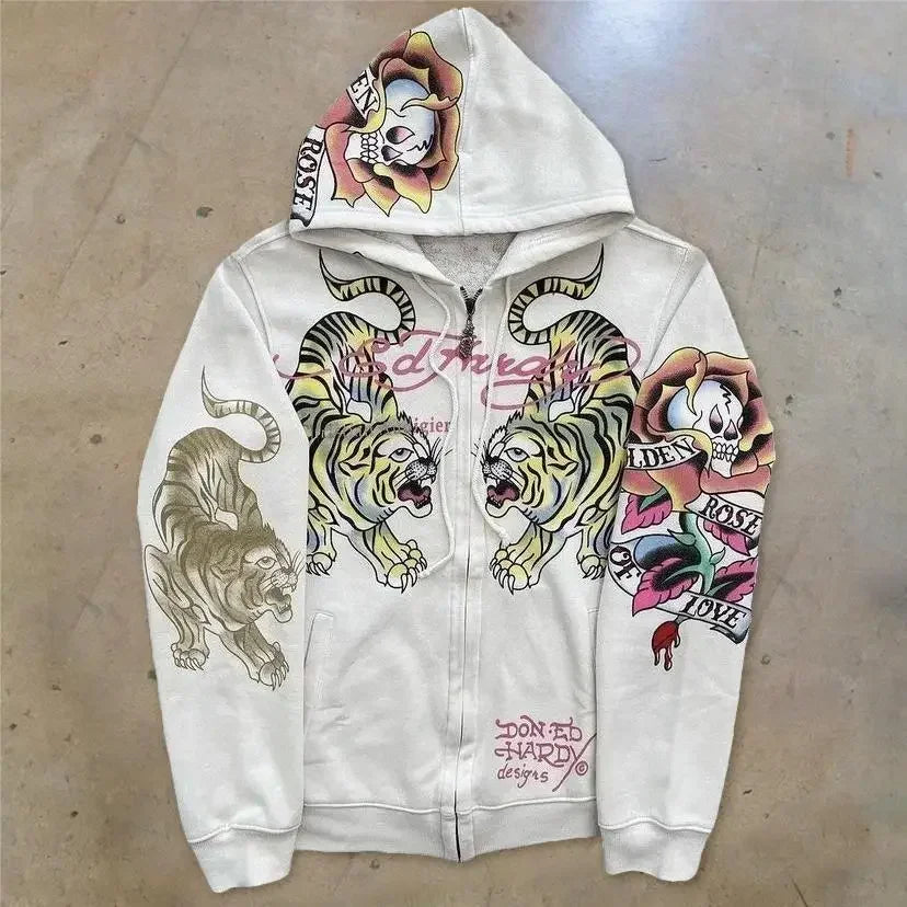 American Retro Skull Print Zipper Hoodie Men’s Loose Casual Sweatshirt
