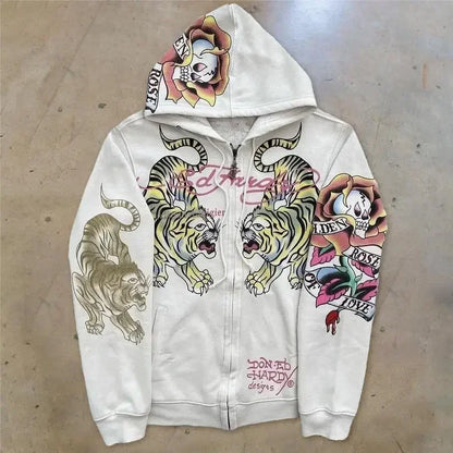 American Retro Skull Print Zipper Hoodie Men’s Loose Casual Sweatshirt