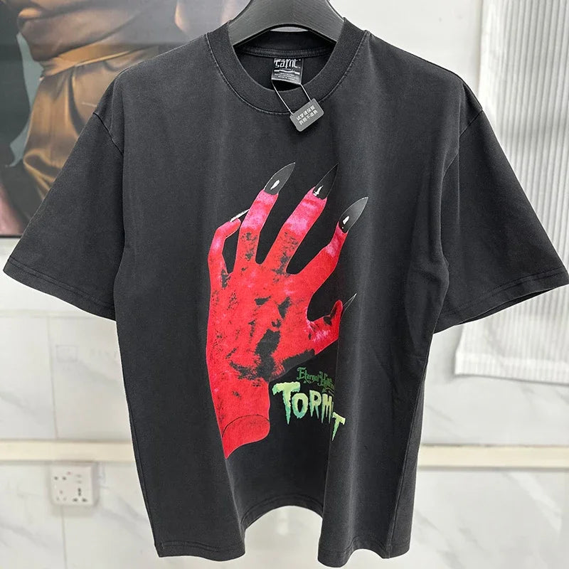 Vintage Washed Target Print T-Shirt Men Oversized Streetwear