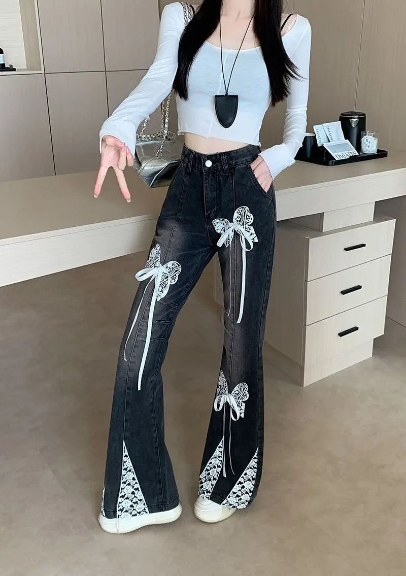 Women's Y2K Bow Lace Patchwork Harajuku Jeans