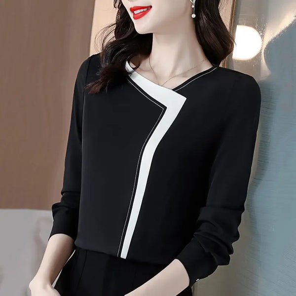 V Neck Colorblock Blouse Women Korean Long Sleeve Chiffon Top