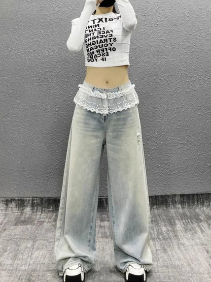 Women's Y2K Lace Patchwork High Waist Jeans