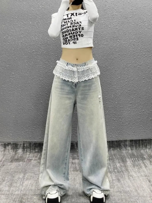 Women's Y2K Lace Patchwork High Waist Jeans