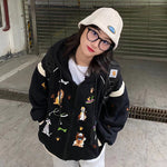 Women's Hooded Sweatshirt Coat with Thick Fleece Liner, Black Cartoon Embroidery, and Loose Cotton Outwear